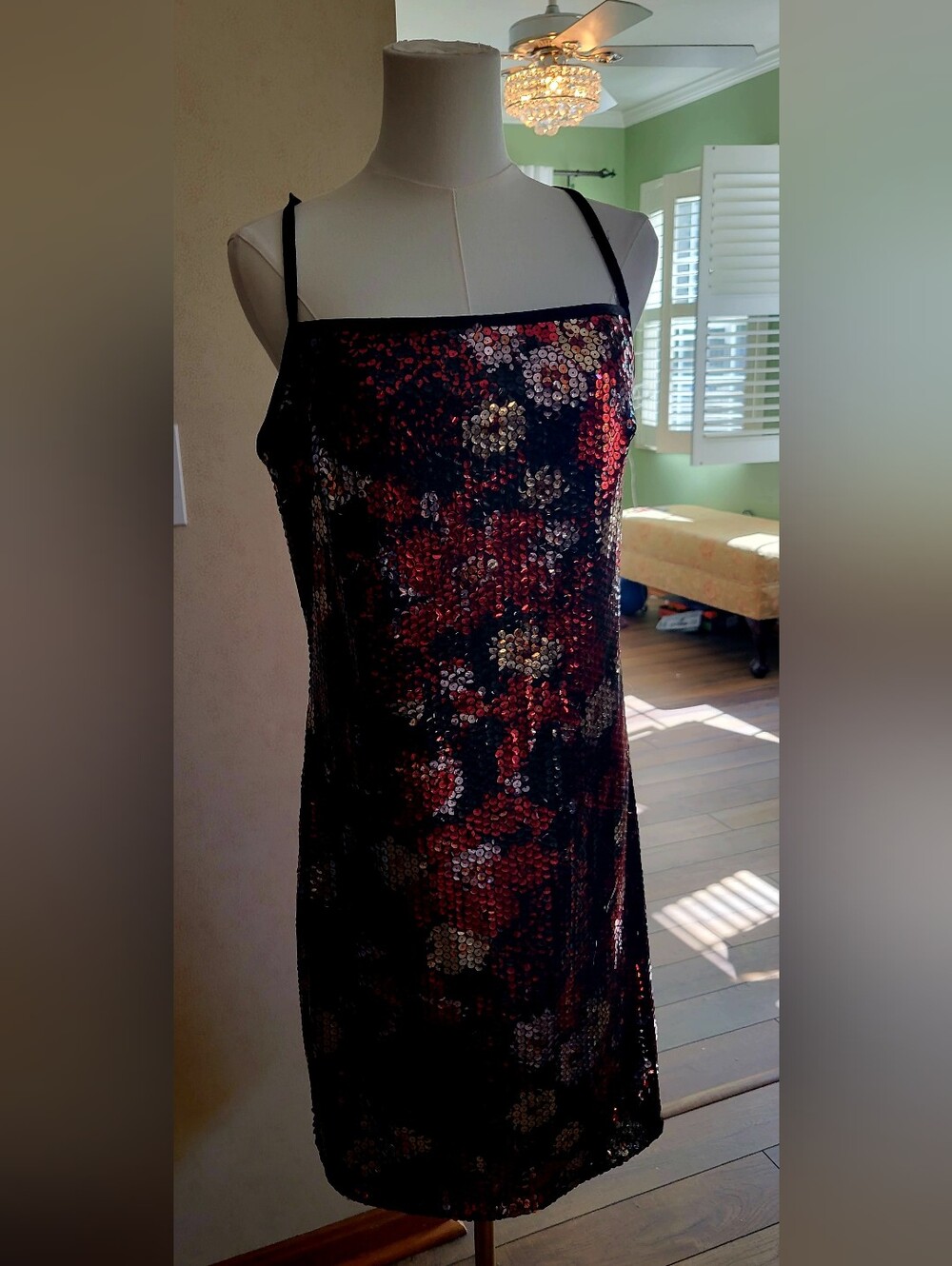 Express Black Slip Dress with Red and Gold Sequin Trim